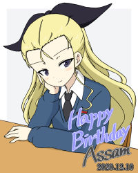 Rule 34 | 1girl, assam (girls und panzer), black necktie, black ribbon, blonde hair, blue eyes, blue sweater, chair, character name, closed mouth, commentary, dated, dress shirt, emblem, english text, girls und panzer, grey background, hair pulled back, hair ribbon, happy birthday, head rest, highres, ichinose jun, long hair, long sleeves, looking at viewer, necktie, ribbon, school uniform, shirt, smile, solo, st. gloriana&#039;s (emblem), st. gloriana&#039;s school uniform, sweater, table, v-neck, white shirt, wing collar