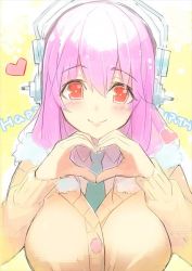 Rule 34 | 1girl, blush, breasts, headphones, heart, heart hands, large breasts, long hair, looking at viewer, minoa (lastswallow), necktie, nitroplus, pink hair, red eyes, smile, solo, super sonico