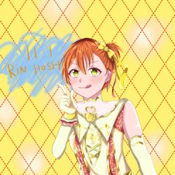 Rule 34 | 1girl, :p, alternate hairstyle, artist name, artist request, bare shoulders, blush, bow, breasts, cross-laced clothes, cross-laced dress, dress, female focus, frilled dress, frills, gloves, green eyes, hair between eyes, hair bow, highres, hoshizora rin, looking at viewer, love live!, love live! school idol project, orange hair, parted lips, pon pon cha n, ponytail, short hair, side ponytail, small breasts, smile, solo, tongue, tongue out, upper body, white dress, white gloves, wrist cuffs, yellow bow, yellow eyes