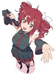 Rule 34 | 1girl, blush, boots, collared shirt, detached sleeves, drawdrawdeimos, drill hair, foreshortening, from above, highres, holding, holding microphone, kasane teto, kasane teto (sv), long sleeves, looking at viewer, microphone, open mouth, outstretched arm, pleated skirt, red eyes, red hair, shirt, skirt, sleeveless, sleeveless shirt, smile, solo, thigh boots, twin drills, utau