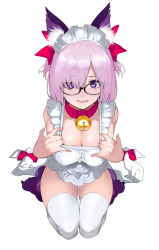 Rule 34 | 1girl, absurdres, aka shiro kiiro, animal ears, apron, bad id, bad pixiv id, bell, blush, breasts, cat ears, cleavage, collar, collarbone, cosplay, fate/extra, fate/grand order, fate (series), frills, glasses, hair over one eye, hair ribbon, highres, jingle bell, light purple hair, looking at viewer, maid headdress, mash kyrielight, naked apron, neck bell, open mouth, paw shoes, purple eyes, red ribbon, ribbon, seiza, shoes, short hair, simple background, sitting, smile, tamamo (fate), tamamo cat (fate), tamamo cat (fate) (cosplay), tamamo cat (third ascension) (fate), thighhighs, two side up, white apron, white background, white thighhighs