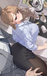 Rule 34 | 1boy, 1girl, absurdres, ass, bent over, black pantyhose, black skirt, blush, breasts, brown hair, business suit, collared shirt, cup, formal, from above, grey suit, highres, large breasts, long hair, long sleeves, mendou kusai, mole, mole above eye, necktie, original, pantyhose, parted lips, shirt, skirt, solo focus, suit, thighs, white shirt