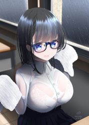 Rule 34 | 1girl, black hair, blue eyes, blush, bra, bra visible through clothes, breasts, character request, classroom, copyright request, glasses, highres, large breasts, looking at viewer, nekobaka, open mouth, rain, see-through, see-through shirt, shirt, sitting, skirt, straight hair, towel, underwear, wet, wet clothes, wet hair, wet shirt