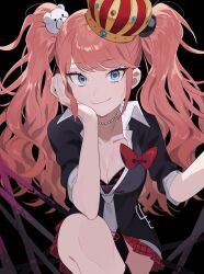 Rule 34 | 1girl, bear hair ornament, black background, black bra, black shirt, blood, bow, bra, breasts, cleavage, closed mouth, collarbone, crown, danganronpa: trigger happy havoc, danganronpa (series), enoshima junko, hair ornament, hand on own cheek, hand on own face, head rest, highres, jewelry, large breasts, long hair, looking at viewer, miniskirt, monigechan, necklace, necktie, pearl necklace, pink blood, pink hair, plaid, plaid skirt, pleated skirt, print necktie, red bow, red bra, red skirt, shirt, simple background, sitting, skirt, sleeves rolled up, smile, solo, tsurime, twintails, two-tone necktie, underwear, upper body, white necktie, white shirt