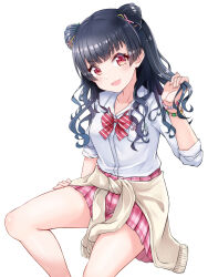 Rule 34 | 1girl, alternate hairstyle, arm support, bead bracelet, beads, black hair, blunt bangs, blush, bow, bowtie, bracelet, breasts, brown eyes, clothes around waist, collarbone, double bun, hair bun, hand up, holding own hair, idolmaster, idolmaster shiny colors, invisible chair, jadeqilin, jewelry, long hair, looking at viewer, mayuzumi fuyuko, medium breasts, open mouth, pink skirt, plaid, plaid skirt, pleated skirt, red bow, red bowtie, school uniform, shirt, simple background, sitting, skirt, sleeves rolled up, smile, solo, striped bow, striped bowtie, striped clothes, wavy hair, white background, white shirt