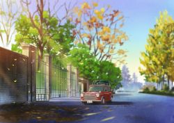 Rule 34 | absurdres, autumn leaves, bare tree, blue sky, car, day, evening, gate, highres, hirota (masasiv3), mini cooper, motor vehicle, no humans, outdoors, road, scenery, sky, street, tree, vehicle focus, wall