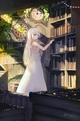 Rule 34 | 1girl, absurdres, analog clock, aqua eyes, artist name, book, book stack, bookshelf, clock, commentary, dated, dress, english commentary, highres, holding, holding book, inaeda kei, long hair, looking at viewer, original, outstretched arm, plant, shadow, sleeveless, sleeveless dress, solo, star (symbol), white dress, white hair