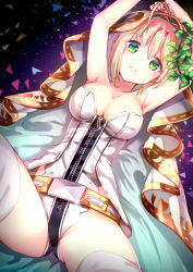 Rule 34 | 10s, 1girl, ahoge, armpits, arms up, bare arms, bare shoulders, belt, blonde hair, breasts, chain, cleavage, cowboy shot, eyebrows, fate/extra, fate/extra ccc, fate (series), flower, gluteal fold, green eyes, leaf, leotard, light particles, lock, looking at viewer, medium breasts, nero claudius (bride) (fate), nero claudius (bride) (third ascension) (fate), nero claudius (fate), nero claudius (fate) (all), padlock, parted lips, revision, solo, spread legs, strapless, strapless leotard, thighhighs, triangle, veil, white thighhighs, yan (nicknikg), zipper