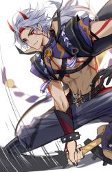 Rule 34 | 1boy, abs, absurdres, arataki itto, bracelet, closed mouth, facepaint, genshin impact, highres, horns, jewelry, long hair, muscular, muscular male, navel, oni, pants, pnk crow, purple pants, red eyes, simple background, smile, solo, spiked bracelet, spikes, unfinished, white background