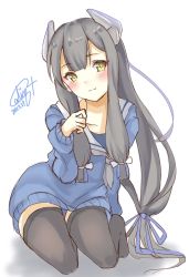 Rule 34 | 1girl, black hair, black thighhighs, blue dress, calin, dated, dress, green eyes, hair ribbon, headgear, highres, i-47 (kancolle), kantai collection, long hair, low-tied long hair, official alternate costume, one-hour drawing challenge, ribbon, sailor collar, sidelocks, signature, simple background, solo, sweater, sweater dress, thighhighs, tress ribbon, white background, white sailor collar