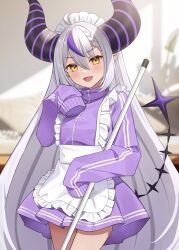Rule 34 | apron, black horns, braid, braided bangs, fang, grey hair, hatsuno xxx, highres, hololive, holox, horns, la+ darknesss, long hair, looking at viewer, maid apron, maid headdress, multicolored hair, pointy ears, purple hair, sidelocks, sleeves past fingers, sleeves past wrists, solo, streaked hair, striped horns, tail, very long hair, virtual youtuber, yellow eyes