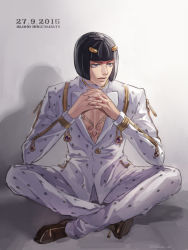Rule 34 | 10s, 1boy, 2015, bad id, bad pixiv id, black hair, blunt bangs, bob cut, brown footwear, bruno bucciarati, buttons, character name, dated, formal, full body, hair ornament, hairclip, highres, indian style, interlocked fingers, jacket, jojo no kimyou na bouken, karita (kali lgk), long sleeves, looking away, looking to the side, male focus, own hands clasped, own hands together, pants, purple eyes, shadow, shoes, sitting, solo, suit, twitter username, zipper