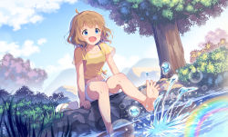 Rule 34 | 1girl, :d, ahoge, bare legs, barefoot, blouse, blue eyes, brown hair, commentary request, day, dutch angle, feet, highres, idolmaster, idolmaster million live!, kagami (galgamesion), open mouth, outdoors, plant, shirt, short hair, short sleeves, shorts, sitting, smile, solo, splashing, suou momoko, tree, white shorts, yellow shirt