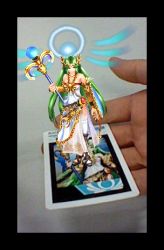 Rule 34 | 1girl, 1other, 3d, card, game, game cg, green eyes, green hair, handheld game console, jewelry, kid icarus, long hair, lots of jewelry, lowres, male hand, nintendo, nintendo 3ds, off shoulder, official art, palutena, shield, standing, thighhighs, tiara, very long hair