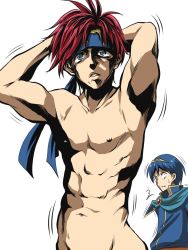Rule 34 | 2boys, armpits, bad id, bad twitter id, bare pectorals, blue eyes, blue hair, fire emblem, fire emblem heroes, highres, inactive account, jojo no kimyou na bouken, looking at viewer, male focus, marth (fire emblem), multiple boys, muscular, nintendo, nipples, pectorals, red hair, roy (fire emblem), topless male, simple background, tiara, white background