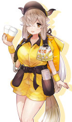Rule 34 | 1girl, animal ears, backpack, bag, belt, blush, brown eyes, brown hair, cup, hair over one eye, hat, highres, holding, holding cup, horns, kemono friends, long hair, open mouth, shirt, shorts, standing, suicchonsuisui, tail, very long hair, wristband, yak (kemono friends), yellow bag, yellow shirt, yellow shorts