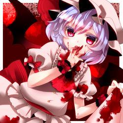 Rule 34 | 1girl, bad id, bad pixiv id, bat wings, blood, blood on clothes, blood on face, clothes lift, colored eyelashes, eyelashes, female focus, hand to own mouth, hat, licking, pink eyes, purple hair, remilia scarlet, short hair, skirt, skirt lift, slit pupils, solo, touhou, white hair, wings, yutazou