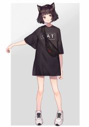 Rule 34 | 1girl, animal ears, arm at side, bag, black eyes, black hair, black shirt, bob cut, cat ears, closed mouth, clothes writing, commentary request, english text, full body, legs apart, looking at viewer, nail polish, original, outside border, oversized clothes, oversized shirt, red nails, shirt, shoes, short hair, shugao, solo, standing, white footwear, wide sleeves