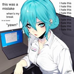 Rule 34 | aged up, alternate breast size, alternate costume, alternate hairstyle, armchair, black eyeliner, black eyeshadow, blue eyes, blue hair, breasts, chair, collarbone, collared shirt, commentary, computer, english commentary, eyelashes, eyeliner, eyeshadow, hair between eyes, hair bun, hatsune miku, highres, laptop, licking lips, lipstick, long hair, long sleeves, looking at viewer, makeup, medium breasts, microsoft paint (software), name tag, office chair, office lady, shirt, sidelocks, single hair bun, swivel chair, table, teyoid, tongue, tongue out, vocaloid