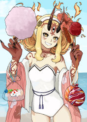 Rule 34 | 1girl, absurdres, bag, bagged fish, bare shoulders, beach, blonde hair, blue sky, breasts, candy apple, cotton candy, facial mark, fate/grand order, fate (series), fingernails, fish, floral print, food, forehead, forehead mark, goldfish, grin, hairband, highres, horns, ibaraki douji (fate), ibaraki douji (fate/grand order), ibaraki douji (swimsuit lancer) (fate), ibaraki douji (swimsuit lancer) (second ascension) (fate), japanese clothes, kimono, long hair, long sleeves, looking at viewer, off shoulder, one-piece swimsuit, oni, oni horns, open clothes, open kimono, pink kimono, pointy ears, sanada ina, sausage, sharp fingernails, sidelocks, skewer, sky, small breasts, smile, strapless, strapless one-piece swimsuit, swimsuit, tattoo, water balloon, white one-piece swimsuit, wide sleeves, yellow eyes