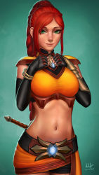 Rule 34 | 1girl, belt, braid, breasts, cassie (paladins), cowboy shot, fingerless gloves, freckles, gloves, green eyes, hands on own chest, highres, large breasts, long hair, looking at viewer, midriff, paladins, realistic, red hair, sciamano240, smile, solo
