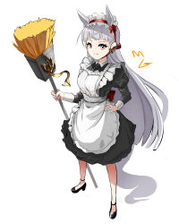 Rule 34 | 1girl, absurdres, animal ears, apron, black dress, black footwear, blunt bangs, bow, broom, closed mouth, dress, frilled apron, frills, full body, gold ship (umamusume), headband, highres, hime cut, holding, holding broom, horse ears, horse girl, horse tail, long hair, long sleeves, looking at viewer, magett, maid, maid apron, maid headdress, puffy long sleeves, puffy sleeves, purple eyes, purple hair, red bow, simple background, smile, solo, standing, tail, umamusume, white apron, white background