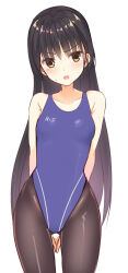 Rule 34 | 1girl, aria (koiiroharemoyou), arms behind back, bare arms, black hair, black pantyhose, blue one-piece swimsuit, blush, breasts, cafe stella to shinigami no chou, collarbone, commentary, competition swimsuit, curvy, eyes visible through hair, frown, gluteal fold, groin, hair down, head tilt, highres, long hair, looking at viewer, medium breasts, mole, mole under eye, one-piece swimsuit, open mouth, own hands together, pantyhose, pantyhose under swimsuit, shiki natsume, sidelocks, simple background, solo, standing, straight hair, sweat, swimsuit, tights day, v-shaped eyebrows, very long hair, white background, yellow eyes, yuzu-soft