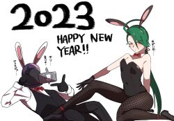 Rule 34 | 1boy, 1girl, 2023, animal ears, artist self-insert, black leotard, blush, breasts, chinese zodiac, cleavage, creatures (company), dated, english text, fake animal ears, game freak, gen 4 pokemon, green hair, happy new year, helmet, highres, jewelry, leotard, long hair, looking at viewer, low ponytail, new year, nintendo, original, pokemon, pokemon sv, ponytail, rabbit ears, red eyes, rika (pokemon), ring, rotom, rotom dex, simple background, small breasts, tomboy, translation request, uranosaxia, white background, year of the rabbit