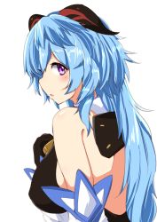 Rule 34 | 1girl, absurdres, backless outfit, bell, black bodysuit, blue hair, blush, bodysuit, breasts, commentary, cowbell, detached sleeves, from side, ganyu (genshin impact), genshin impact, goat horns, hair between eyes, hand on own chest, highres, horns, houkai (collapse illust), large breasts, light blue hair, long hair, looking at viewer, open mouth, profile, purple eyes, sideboob, simple background, solo, upper body, white background