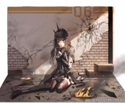 Rule 34 | 1girl, black gloves, black hair, boots, broken ground, capelet, dog tags, gloves, headgear, high heel boots, high heels, highres, injury, kim eb, long hair, looking at viewer, punishing: gray raven, red eyes, sitting, solo, standing, thigh boots, thighhighs, tifa (punishing: gray raven), torn clothes