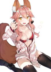 Rule 34 | 1girl, animal ear fluff, animal ears, bad id, bad pixiv id, black bow, black footwear, black scrunchie, black thighhighs, blush, bow, bow bra, bra, breasts, claw pose, fang, fate/grand order, fate (series), fox ears, fox tail, hair between eyes, hair ornament, hair scrunchie, has bad revision, has downscaled revision, heart, highres, jacket, kurut, long hair, long sleeves, looking at viewer, md5 mismatch, medium breasts, official alternate costume, open clothes, open jacket, open mouth, pink hair, red bra, resolution mismatch, scrunchie, simple background, sitting, solo, source smaller, striped clothes, striped jacket, tail, tamamo (fate), tamamo no mae (fate/extra), thighhighs, underwear, unzipped, wariza, white background, white bow, yellow eyes, zipper