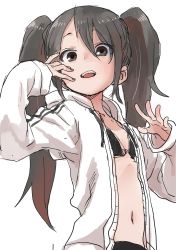 Rule 34 | 1girl, absurdres, black bra, bra, commentary request, copyright request, ears visible through hair, grey eyes, grey hair, highres, long hair, looking at viewer, navel, open clothes, open mouth, open shirt, shirt, smile, solo, underwear, white background, white shirt, yamamoto souichirou