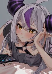 Rule 34 | 1girl, absurdres, black nails, blush, braid, braided bangs, breasts, demon horns, futoshi tanaka, grey hair, highres, holding, holding phone, hololive, horns, la+ darknesss, looking at viewer, lying, multicolored hair, nail polish, on side, phone, pointy ears, purple hair, single braid, small breasts, solo, streaked hair, virtual youtuber, yellow eyes