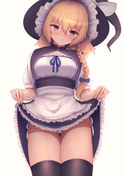 Rule 34 | 1girl, blonde hair, blush, bow, breasts, closed mouth, clothes lift, cowboy shot, darumoon, dress, dress lift, frown, hair ribbon, hat, highres, kirisame marisa, lifting own clothes, looking at viewer, medium breasts, panties, ribbon, simple background, solo, standing, string panties, thighhighs, thighs, touhou, underwear, white background, white bow, witch hat, yellow eyes