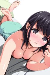 Rule 34 | 1girl, :o, barefoot, black hair, blue eyes, blush, breast press, breasts, cleavage, collarbone, dutch angle, eyebrows, feet, feet up, foreshortening, full body, hand in own hair, hand up, head tilt, highres, legs up, looking at viewer, lying, matsunaga kouyou, naked towel, on stomach, open mouth, original, round teeth, shiny skin, short hair, simple background, soles, solo, sweatdrop, tareme, teeth, the pose, toes, towel, white background