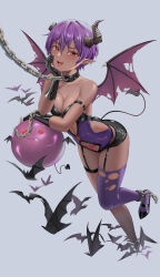 Rule 34 | 1girl, :d, absurdres, arm belt, ass, back cutout, bare shoulders, breasts, chain, cleavage, clothing cutout, collar, dark skin, demon girl, demon horns, demon tail, demon wings, fang, garter straps, heart, heart tattoo, highres, horns, leash, leotard, looking at viewer, medium breasts, open mouth, original, pubic tattoo, purple hair, purple leotard, purple thighhighs, red eyes, shoes, short hair, single thighhigh, smile, solo, stomach cutout, stomach tattoo, strapless, strapless leotard, tail, tattoo, thighhighs, torn clothes, torn thighhighs, torn wings, wings, yj (yojo san)
