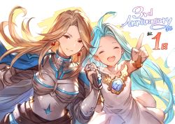 Rule 34 | 10s, 2girls, ahoge, anniversary, armor, blue hair, brown hair, countdown, dress, earrings, closed eyes, gem, granblue fantasy, hair intakes, highres, interlocked fingers, jewelry, katalina (granblue fantasy), long hair, looking at viewer, lyria (granblue fantasy), minaba hideo, multiple girls, official art, open mouth, red eyes, simple background, smile, upper body, white background, white dress