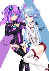 Rule 34 | 2girls, artist name, ass, blanc (neptunia), blue eyes, blue hair, blush, bodysuit, braid, breasts, buruma, cleavage, covered navel, elbow gloves, female focus, full body, gloves, hair ornament, heart, helvetica std, highres, large breasts, long hair, looking at viewer, multiple girls, navel, neptune (neptunia), neptune (series), purple hair, purple heart (neptunia), red eyes, shiny clothes, shiny skin, short hair, short hair with long locks, simple background, small breasts, smile, symbol-shaped pupils, twin braids, white background, white heart (neptunia)