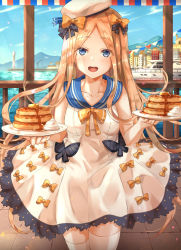 Rule 34 | 1girl, abigail williams (fate), blonde hair, blue eyes, blush, bow, breasts, dress bow, fate/grand order, fate (series), food, forehead, hair bow, highres, long hair, looking at viewer, multiple hair bows, open mouth, pancake, pancake stack, parted bangs, plate, sidelocks, small breasts, smile, solo, thighhighs, torottye