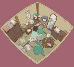 Rule 34 | 2girls, absurdres, age difference, aqua hair, avogado6, bookshelf, character doll, commentary, controller, cosplay, crt, cup, food, fruit, full-length mirror, full body, grandma, green shirt, grey socks, happy, hatsune miku, hatsune miku (cosplay), highres, indoors, long sleeves, mandarin orange, mirror, multiple girls, no shoes, old, old woman, open mouth, pink skirt, remote control, shirt, skirt, socks, tatami, tea, teacup, television, trash can, vocaloid, white socks