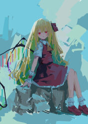 Rule 34 | 1girl, alternate hairstyle, arm support, ascot, backlighting, blonde hair, blue background, blush, bobby socks, bow, collared shirt, crystal wings, expressionless, flandre scarlet, frilled wrist cuffs, frills, from side, full body, hair bow, highres, knees together feet apart, long hair, looking at viewer, looking to the side, no lineart, no pupils, red bow, red eyes, red footwear, red nails, red skirt, red vest, reddizen, shirt, short sleeves, sitting, skirt, socks, touhou, very long hair, vest, white shirt, white socks, wrist cuffs, yellow ascot