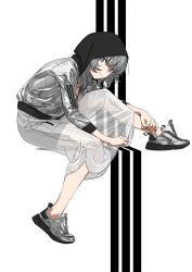 1girl, adidas, black stripes, blue eyes, commentary, english commentary, grey hair, highres, hood, hooded jacket, jacket, long hair, original, see-through, shoes, skirt, sneakers, sportswear, tarou2, white background