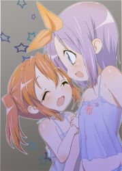 Rule 34 | 00s, 2girls, agenasu, bare shoulders, blush, bow, camisole, closed eyes, flat chest, hair bow, happy, hiiragi tsukasa, holding another&#039;s arm, holding own arm, kobayakawa yutaka, lingerie, lucky star, multiple girls, nipples, open mouth, panties, purple hair, red hair, see-through, short hair, short twintails, smile, star (symbol), striped clothes, striped panties, twintails, underwear