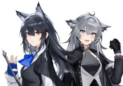 Rule 34 | 2girls, :d, animal ear fluff, animal ears, arknights, black gloves, black hair, black jacket, black vest, blue gloves, breasts, collared shirt, commentary request, dress, ear piercing, fang, fingerless gloves, gloves, grey eyes, grey hair, hair between eyes, hair intakes, hand up, highres, jacket, lappland (arknights), long hair, long sleeves, looking at viewer, medium breasts, multiple girls, open clothes, open jacket, open mouth, piercing, red eyes, s 4ik4, shirt, simple background, smile, texas (arknights), upper body, vest, white background, white dress, white shirt