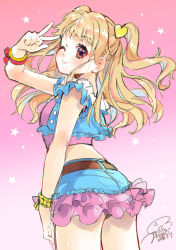 Rule 34 | 1girl, absurdres, aikatsu! (series), aikatsu friends!, belt, blonde hair, blue shorts, blush, brown belt, character request, closed mouth, cowboy shot, dated, food, from side, geshumaro, gradient background, hair ornament, hand up, heart, heart hair ornament, highres, ice cream, looking at viewer, looking to the side, one eye closed, pink background, red eyes, short shorts, shorts, signature, smile, solo, twintails, w, wristband