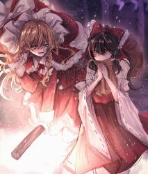 Rule 34 | 2girls, alternate costume, annin cha, bag, black hair, blonde hair, bow, braid, broom, broom riding, brown eyes, closed mouth, commentary, eye contact, frilled bow, frilled hair tubes, frills, hair bow, hair tubes, hakurei reimu, hat, hat bow, highres, holding, holding bag, kirisame marisa, long hair, long sleeves, looking at another, multiple girls, open mouth, own hands together, red bow, red skirt, ribbon-trimmed sleeves, ribbon trim, santa costume, scarf, side braid, single braid, skirt, skirt set, smile, snowing, touhou, white bow, witch hat, yellow eyes, yellow scarf