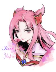 Rule 34 | 1girl, absurdres, artist name, character name, cropped shoulders, double bun, hair bun, hair ornament, highres, juzi mao, kai&#039;sa, league of legends, long hair, parted bangs, pink eyes, pink lips, smile, solo, star (symbol), star guardian (league of legends), star guardian kai&#039;sa, star hair ornament, white background