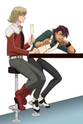 Rule 34 | 10s, 2boys, bar stool, barnaby brooks jr., belt, blonde hair, boots, bracelet, brown eyes, brown hair, closed eyes, drink, drinking, facial hair, full body, glasses, goatee, jacket, jewelry, kaburagi t. kotetsu, male focus, multiple boys, necklace, necktie, red footwear, red jacket, saddle shoes, shoes, short hair, simple background, sitting, stool, stubble, studded belt, tiger &amp; bunny, vest, waistcoat, wakabagaoka, watch, white background, wristwatch