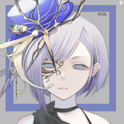 Rule 34 | 1girl, bare shoulders, black choker, blue eyes, blue hat, blue sclera, border, character name, choker, closed mouth, colored sclera, dripping, electric plug, facial mark, feathers, frown, grey hair, hat, hat feather, highres, indie utaite, multicolored hair, niconico, pink lips, portrait, purple hair, reol, scissors, scissors hair ornament, short eyebrows, short hair, solo, streaked hair, upper body, w4pz