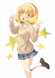 Rule 34 | 10s, 1girl, blonde hair, blush, cardigan, double v, hairband, kise yayoi, open mouth, pleated skirt, precure, school uniform, short hair, simple background, skirt, smile precure!, solo, star (symbol), u jie, v, white background, white hairband, yellow eyes